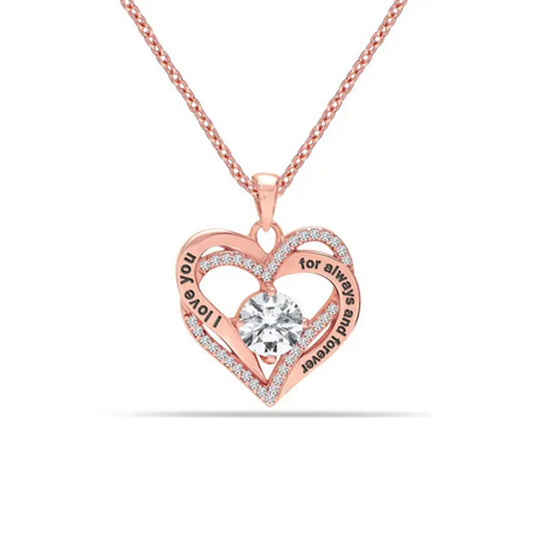 Collar corazón doble en oro rosa con circonitas – “I love you”