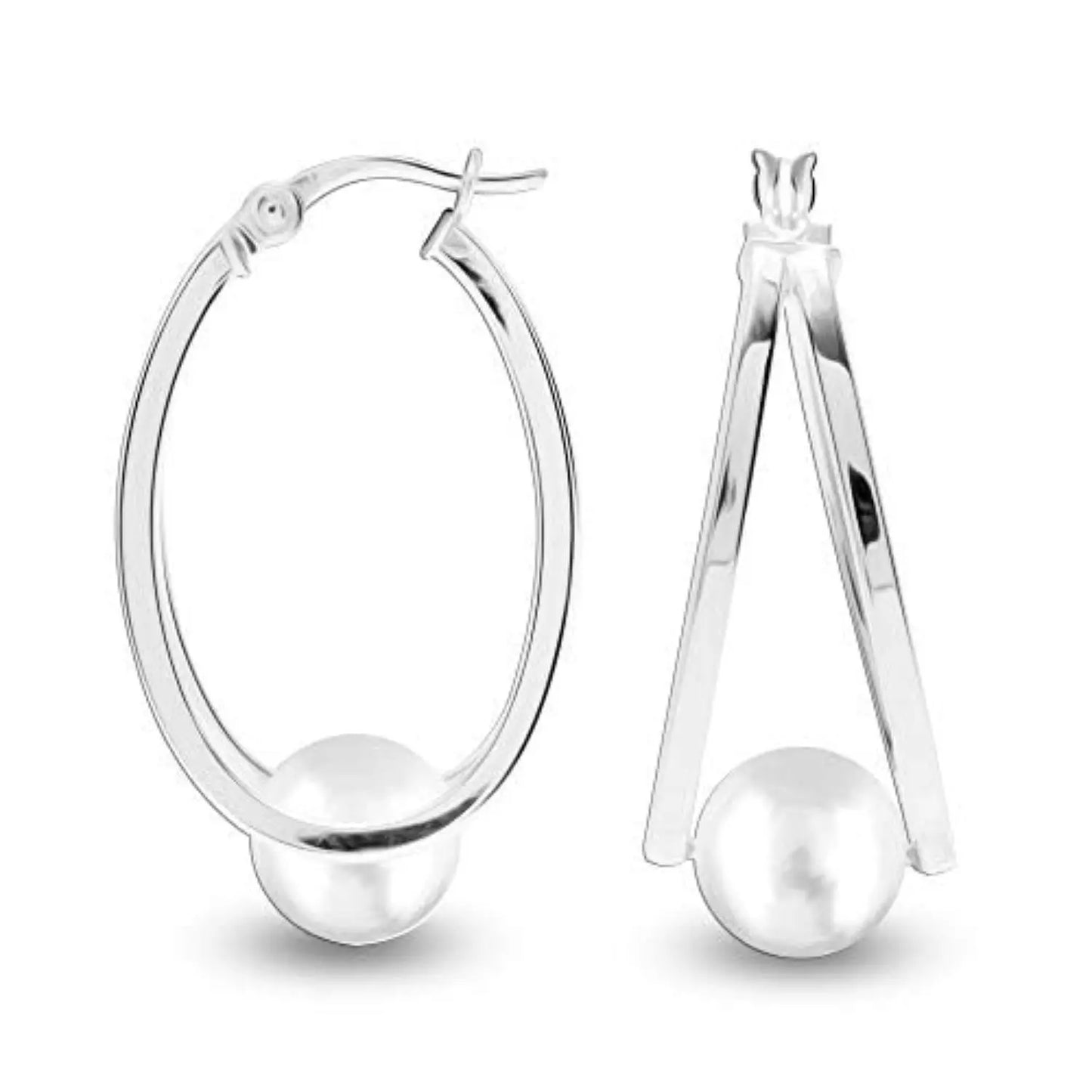 Pendientes Aro Ovalado Doble con Perla Blanca Plata 925 – Joyas 24/7 | Elegancia atemporal