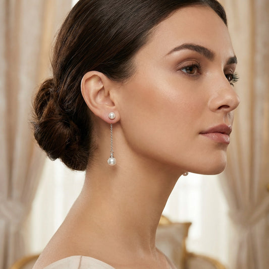 Pendientes Perla Imperial de Plata – Elegancia con Cadena y Doble Perla Blanca