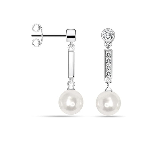 Pendientes Asimétricos de Perla y Barra Plateada