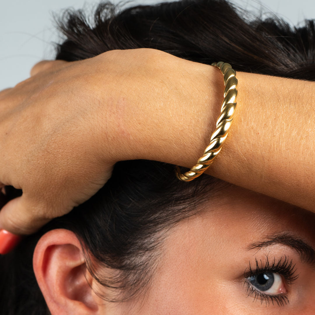 Brazalete Abierto Trenzado Baño Oro - Pulsera Estilo Cuerda