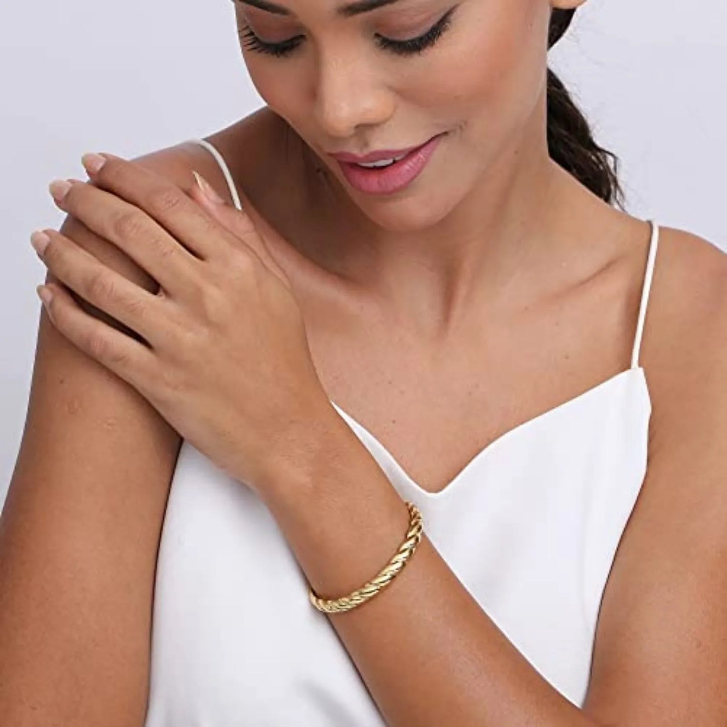 Brazalete Abierto Trenzado Baño Oro - Pulsera Estilo Cuerda