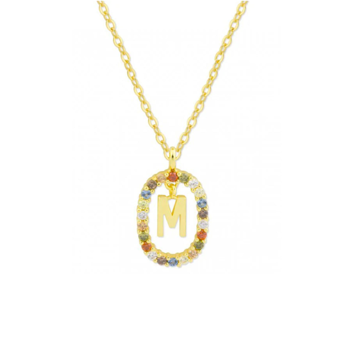 Collar Inicial M en Marco de Circonitas de Colores - Plata de Ley Baño de Oro