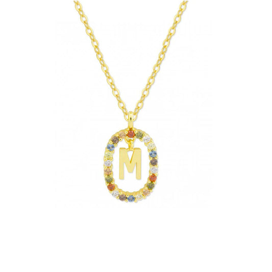 Collar Inicial M en Marco de Circonitas de Colores - Plata de Ley Baño de Oro