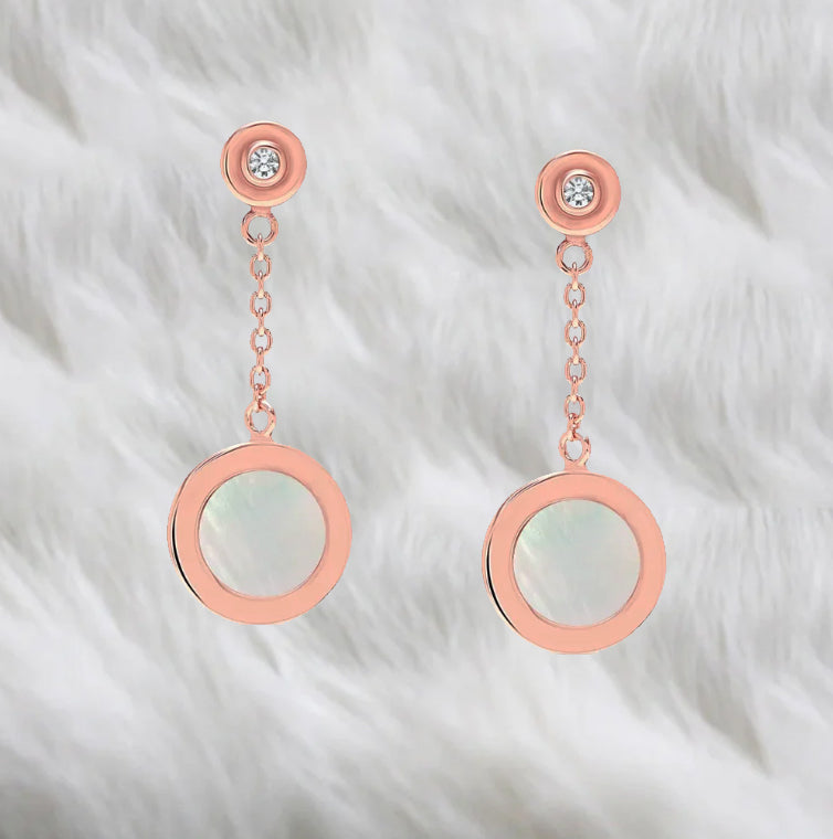 Pendientes Largos de Cadena en Oro Rosa con Madreperla y Circonita