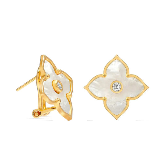 Pendientes de Botón Nácar Diseño Trébol de Cuatro Hojas baño Oro