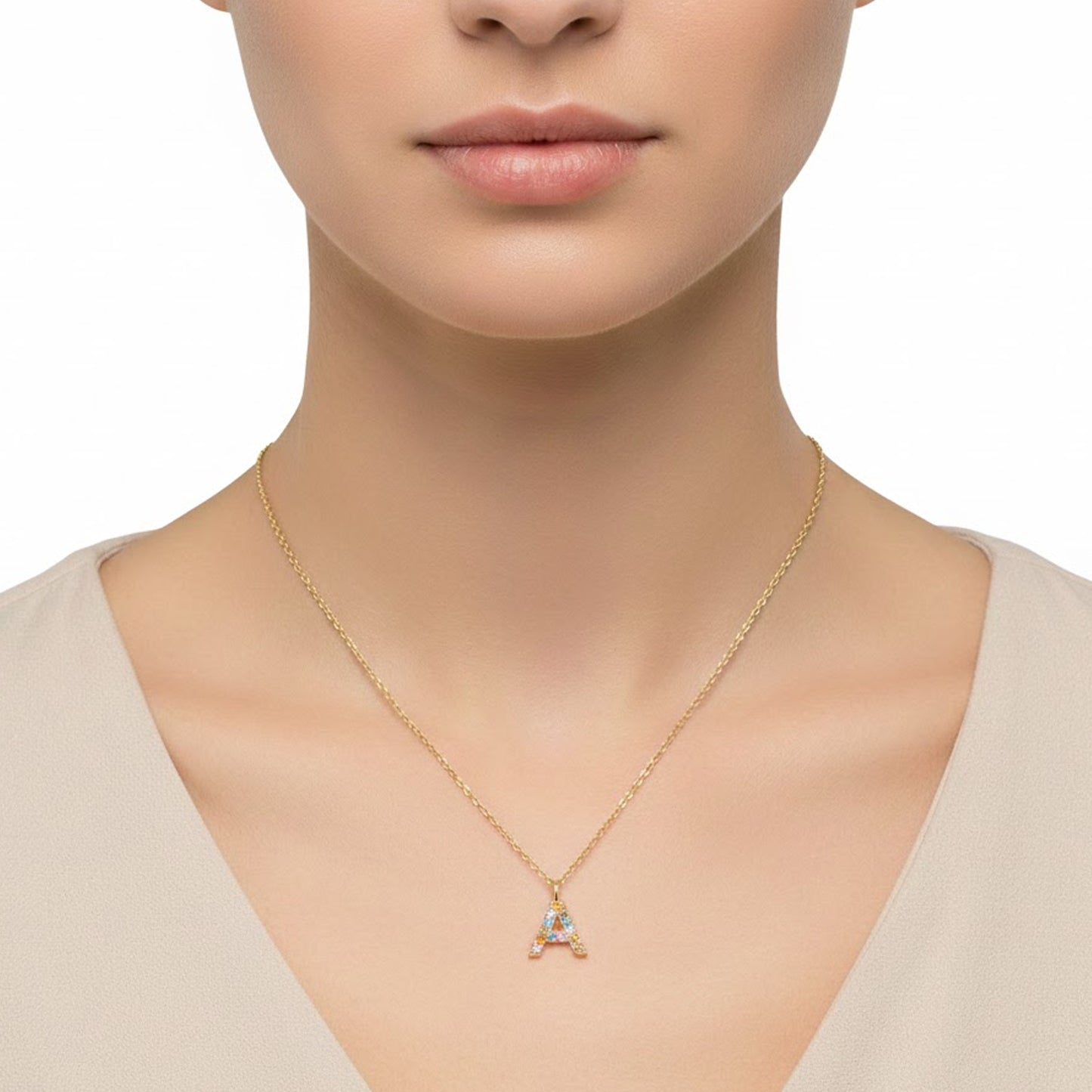 Collar de Plata de Ley baño oro con inicial circonitas Letra A